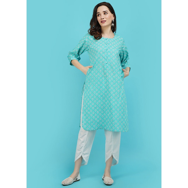 Turquoise Cotton Printed Kurti - JD986590266
