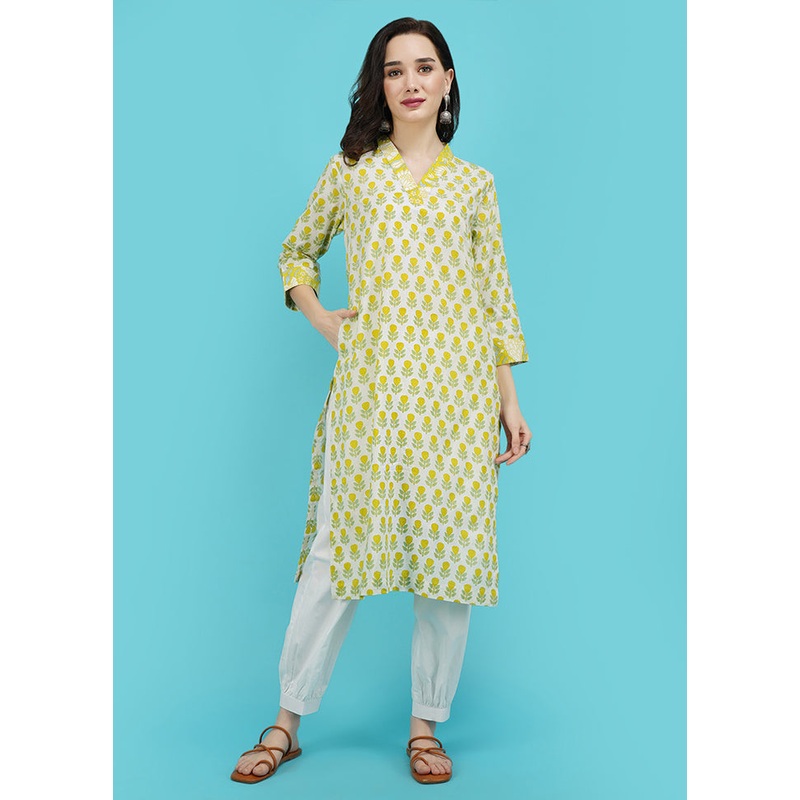 Yellow Cotton Printed Kurti - JD986590260