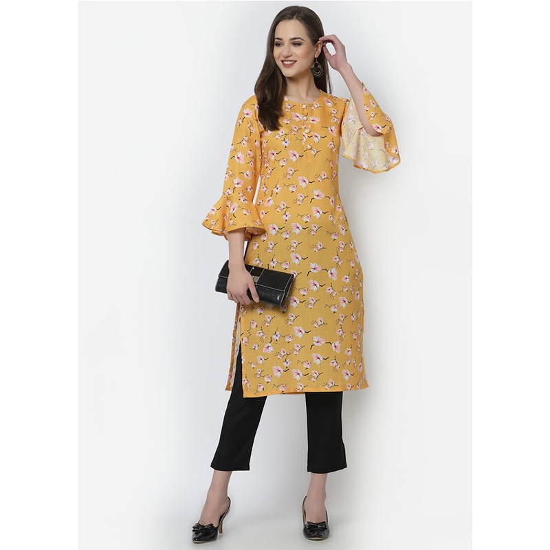 Yellow Readymade Cotton Digital Print Kurti - JD986590217
