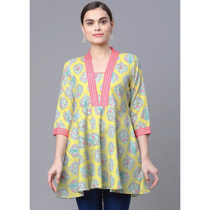 Yellow Readymade Cotton Ethnic Printed Tunic - JD986590228