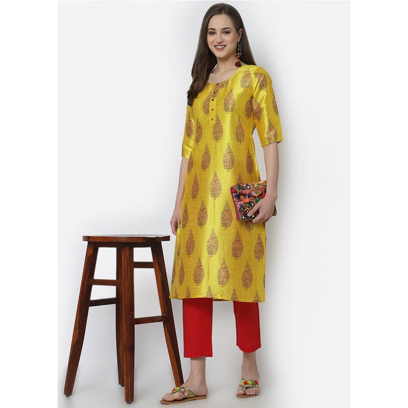 Yellow Readymade Satin Digital Print Kurti - JD986590214