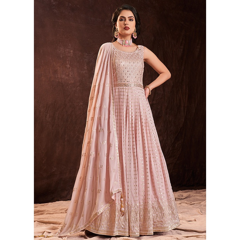 2 Pc Baby Pink Readymade Pure Georgette Gown - JD986589890