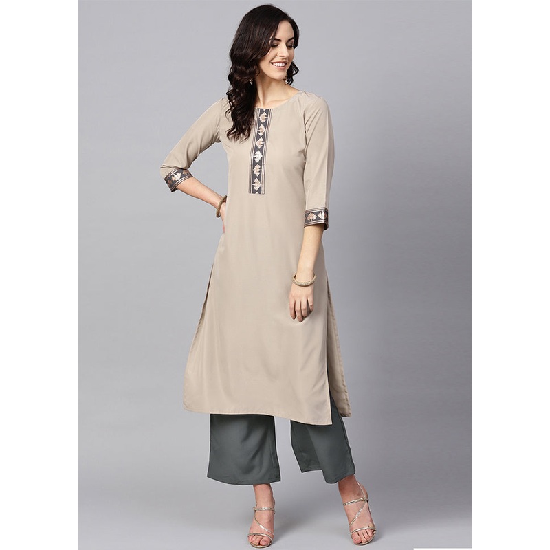 2 Pc Beige Readymade Crepe Straight Kurti Set - JD986589889