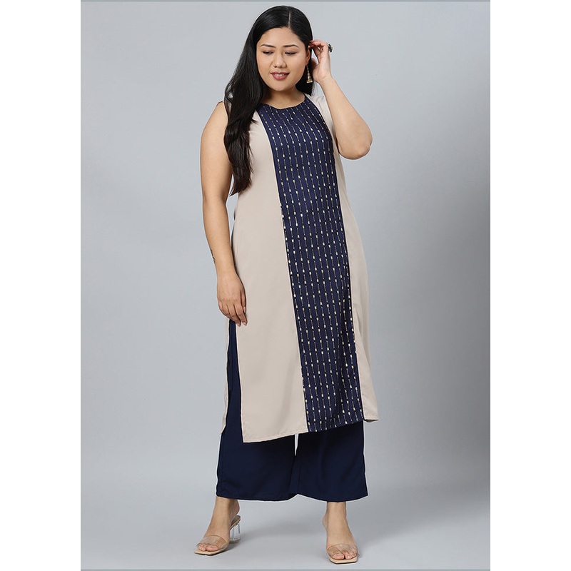 2 Pc Beige Readymade Silk Kurti Set - JD986589887