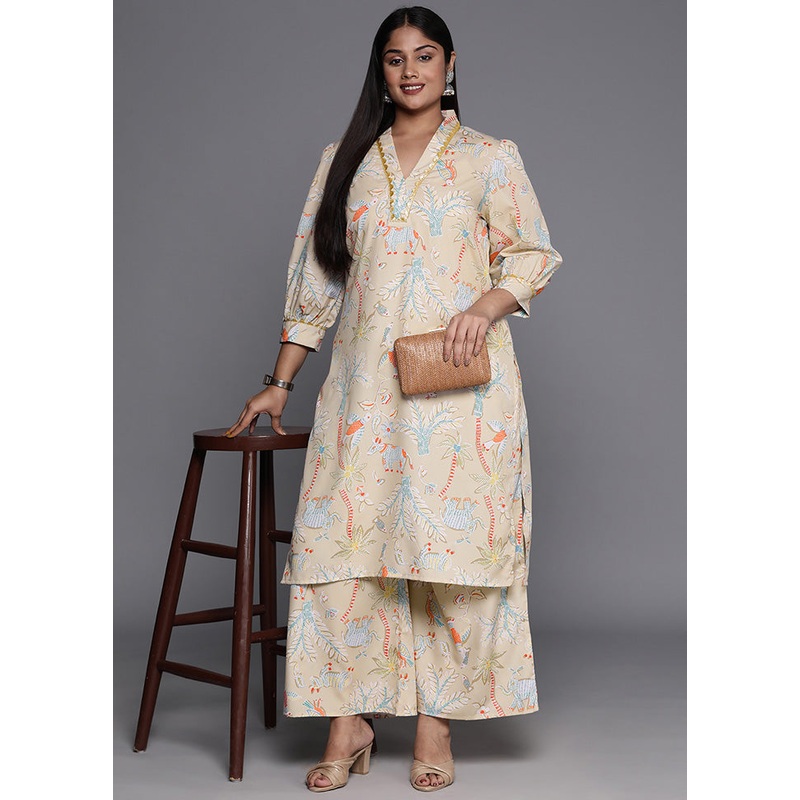2 Pc Beige Readymade Silk Kurti Set - JD986589888