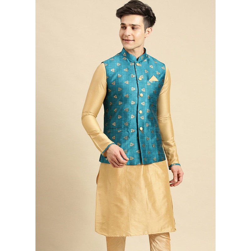 2 Pc Beige Silk Printed Kurta Jacket Set - JD986589886