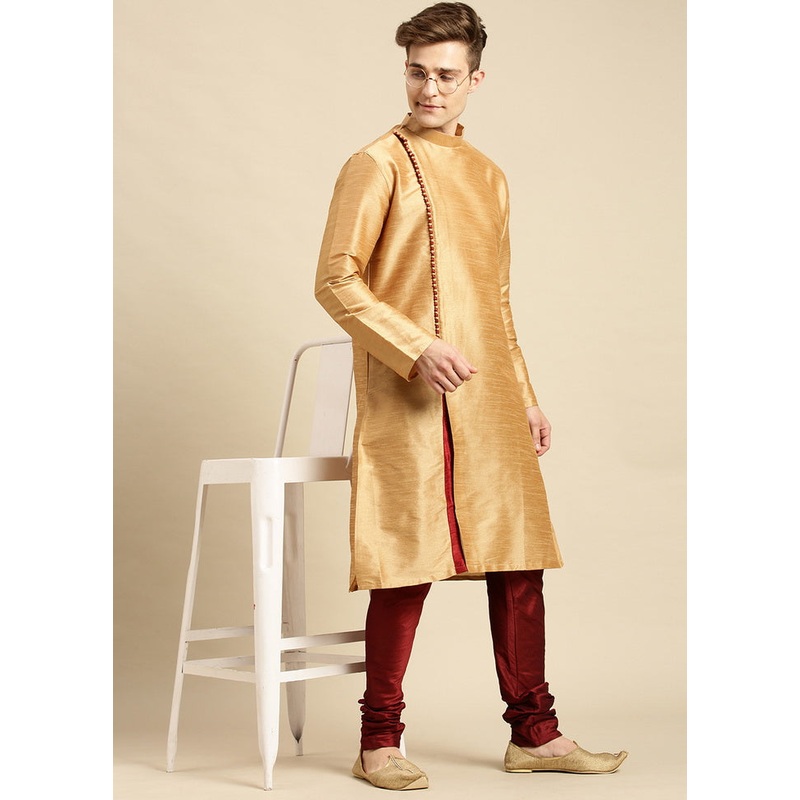 2 Pc Beige Silk Solid Kurta Pajama Set - JD986590058