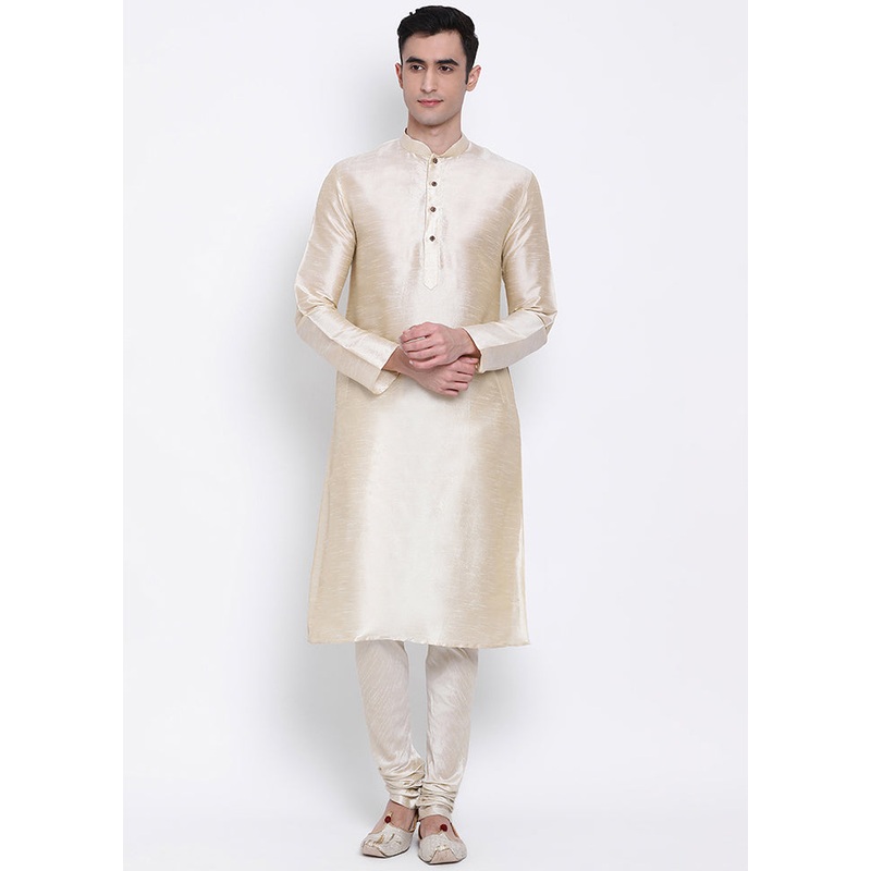 2 Pc Beige Solid Silk Kurta Pajama Set - JD986590088
