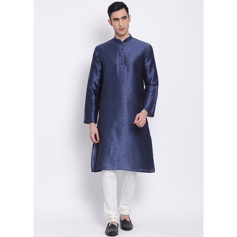 2 Pc Blue Solid Silk Kurta Pajama Set - JD986590083