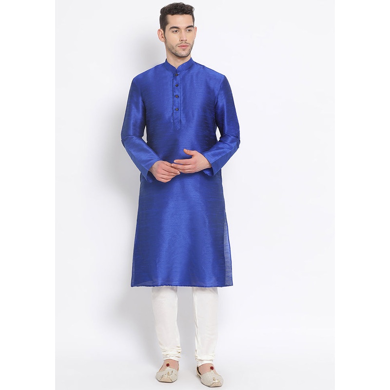 2 Pc Blue Solid Silk Kurta Pajama Set - JD986590087