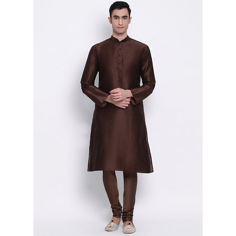 2 Pc Brown Solid Silk Kurta Pajama Set - JD986590082