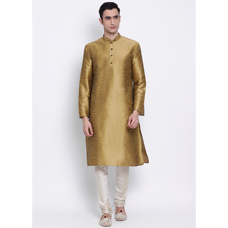 2 Pc Brown Solid Silk Kurta Pajama Set - JD986590089