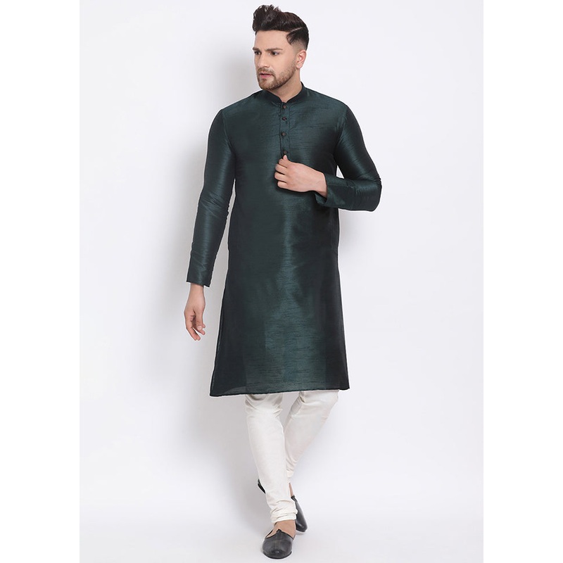 2 Pc Dark Green Solid Silk Kurta Pajama Set - JD986590084