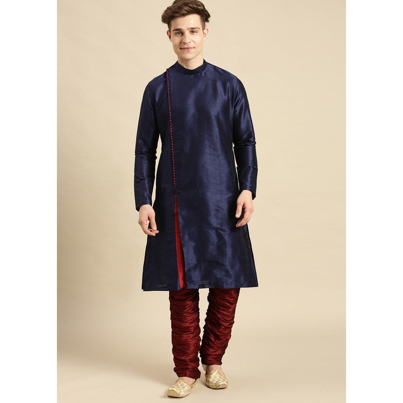 2 Pc Deep Blue Silk Solid Kurta Pajama Set - JD986590059