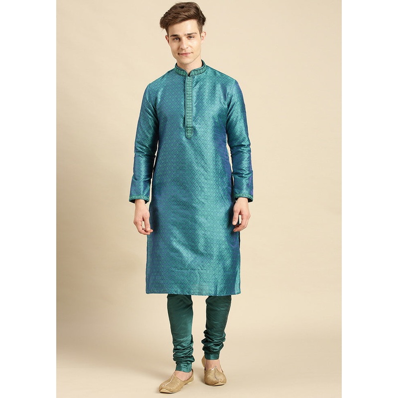 2 Pc Firozi Woven Kurta Pajama Set - JD986590063