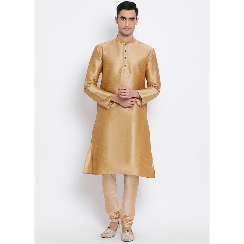2 Pc Golden Solid Silk Kurta Pajama Set - JD986590081