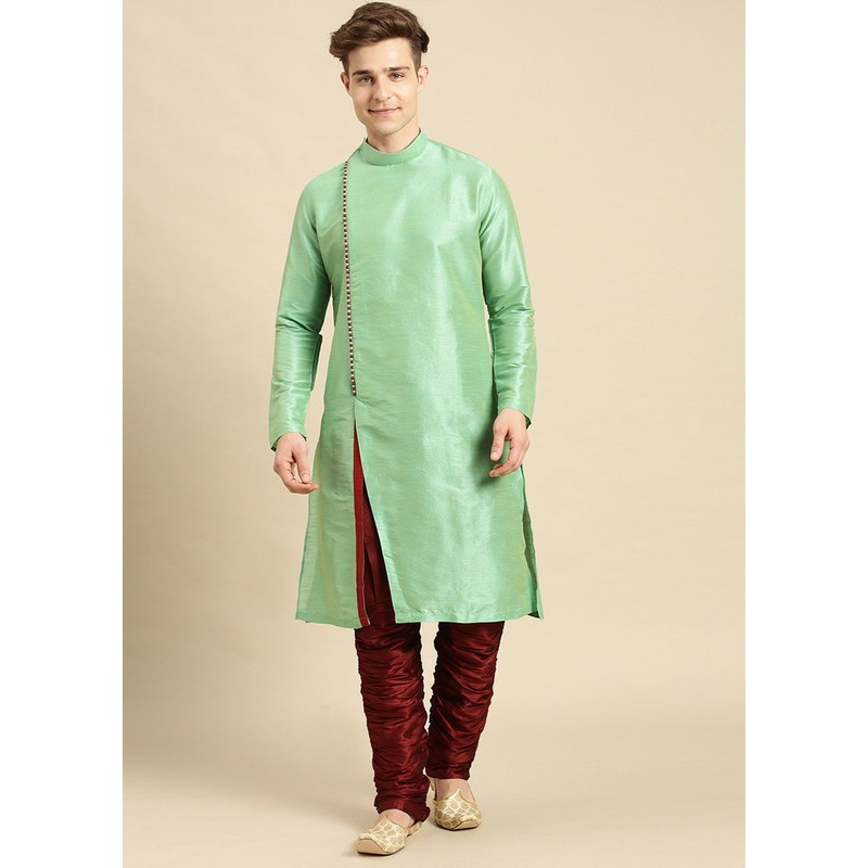 2 Pc Green Silk Solid Kurta Pajama Set - JD986590060