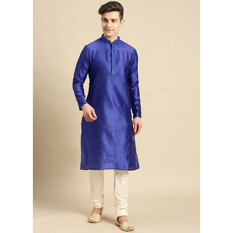 2 Pc Ink Blue Woven Kurta Pajama Set - JD986590064