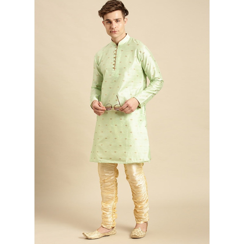 2 Pc Light Green Woven Kurta Pajama Set - JD986590062