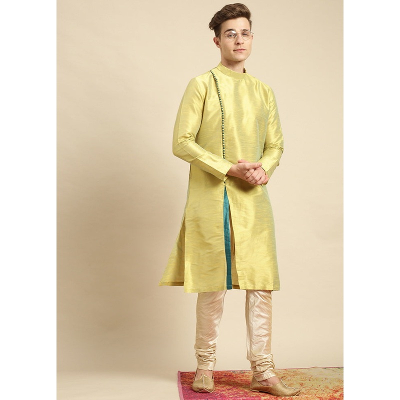 2 Pc Light Yellow Silk Solid Kurta Pajama Set - JD986590061