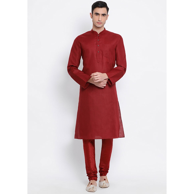 2 Pc Maroon Solid Cotton Kurta Pajama Set - JD986590078