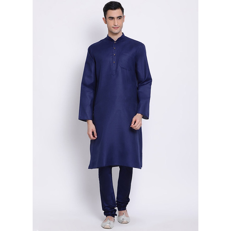 2 Pc Navy Blue Solid Cotton Kurta Pajama Set - JD986590077