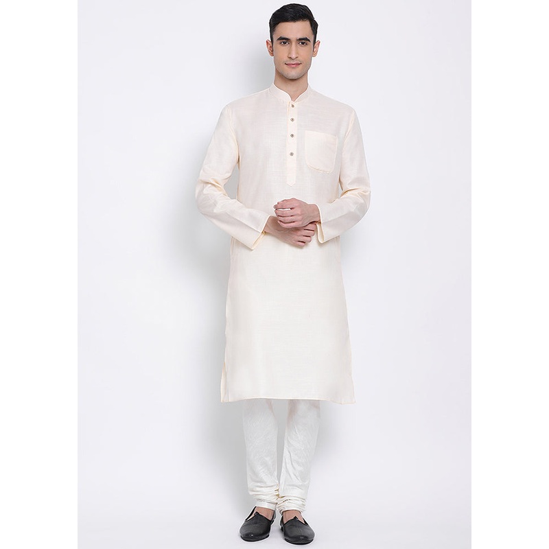 2 Pc Off White Solid Cotton Kurta Pajama Set - JD986590076
