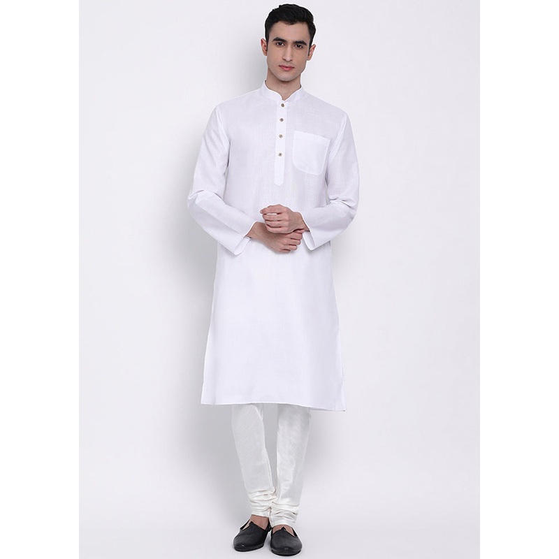 2 Pc Off White Solid Cotton Kurta Pajama Set - JD986590079