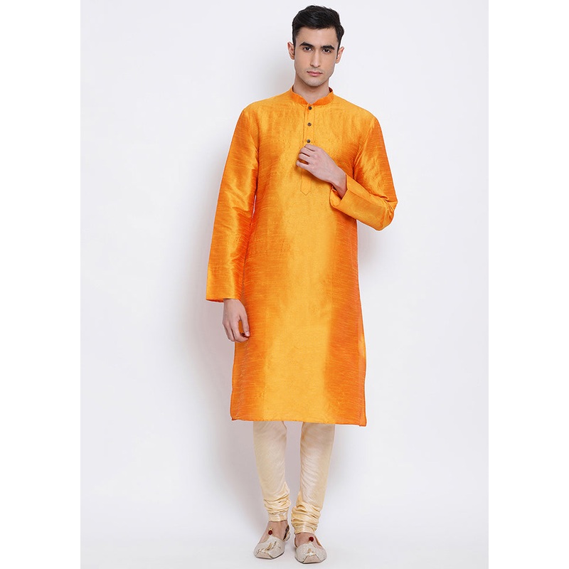 2 Pc Orange Solid Silk Kurta Pajama Set - JD986590090