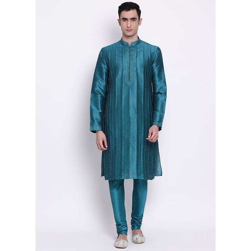 2 Pc Sea Green Woven Silk Kurta Pajama Set - JD986590075