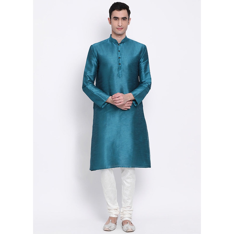 2 Pc Sea Sea Green Solid Silk Kurta Pajama Set - JD986590086