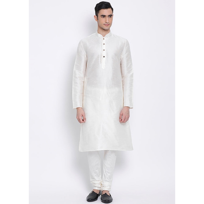 2 Pc White Solid Silk Kurta Pajama Set - JD986590080