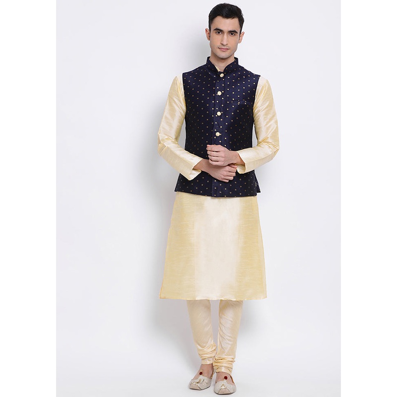 3 Pc Beige Polka Dots Silk Kurta Pajama Set - JD986590069