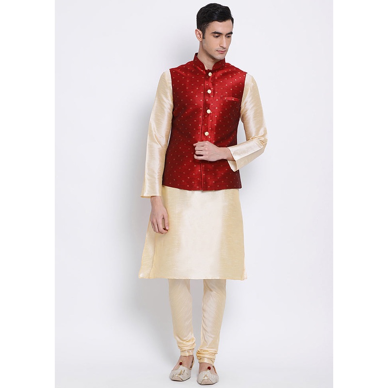 3 Pc Beige Polka Dots Silk Kurta Pajama Set - JD986590070