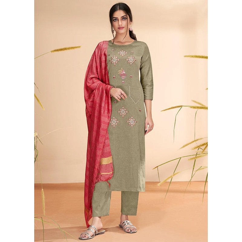 3 Pc Beige Readymade Cotton Suit Set - JD986589901