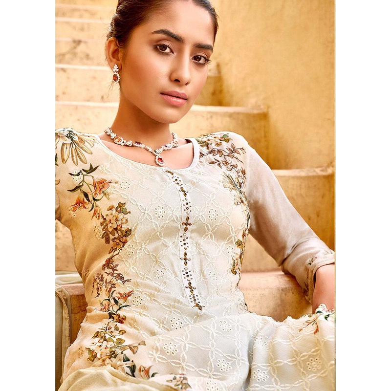 3 Pc Beige Semi Stitched Viscose Suit Set - JD986589911