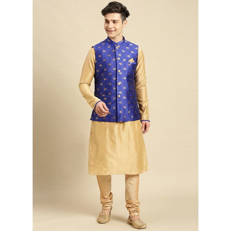 3 Pc Beige Silk Printed Kurta Pajama Set - JD986590067