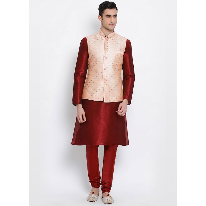 3 Pc Maroon Polka Dots Silk Kurta Pajama Set - JD986590068