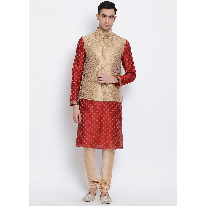 3 Pc Rust Embellished Silk Kurta Pajama Set - JD986590073