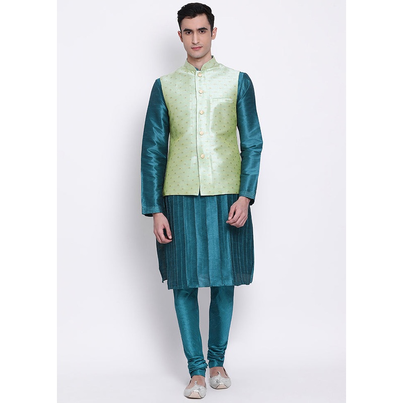 3 Pc Sea Green Polka Dots Silk Kurta Pajama Set - JD986590071