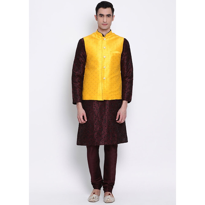3 Pc Wine Polka Dots Silk Kurta Pajama Set - JD986590072