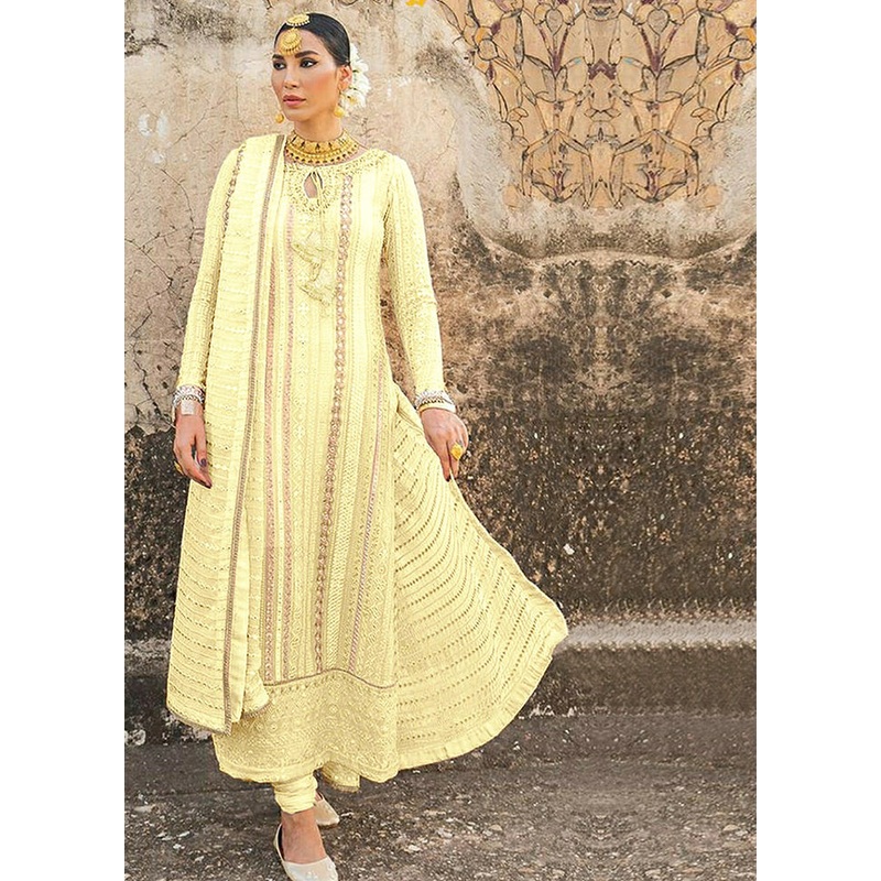 3 Pc Yellow Semi Stitched Georgette Suit Set - JD986589906