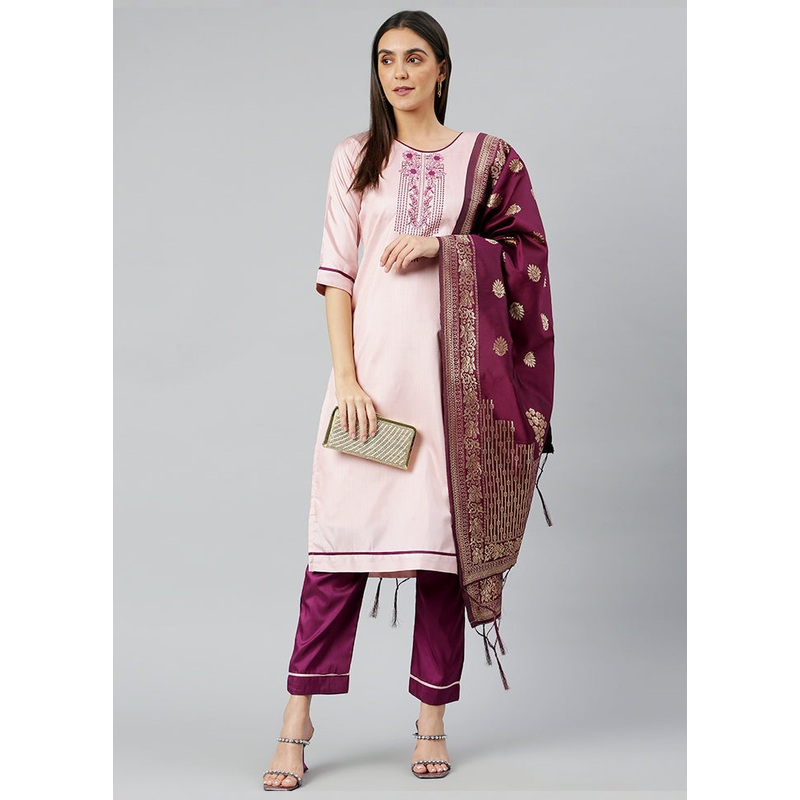 Baby Pink 3 Pc Silk Suit Set With Dupatta - JD986589926