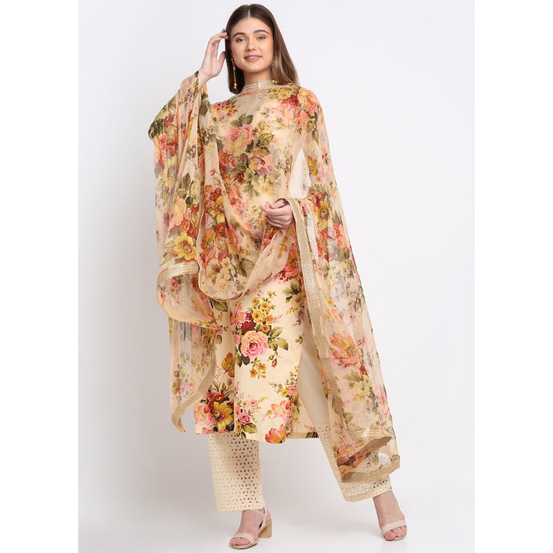 Beige 3 Pc Readymade Cotton Suit Set With Dupatta - JD986589934