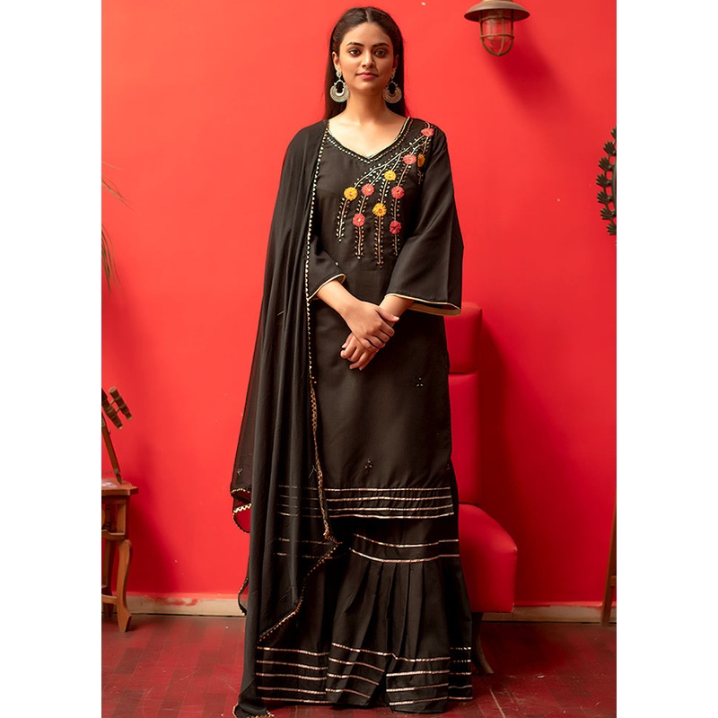 Black 3 Pc Silk Sharara Suit Set With Dupatta - JD986589923