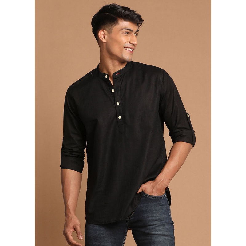 Black Cotton Solid Short Kurta - JD986590054