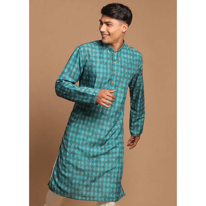 Blue Cotton Printed Kurta - JD986590006