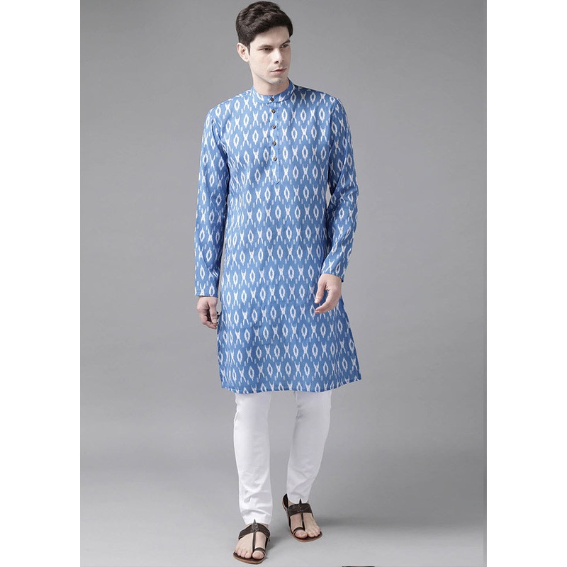 Blue Cotton Printed Kurta - JD986590028