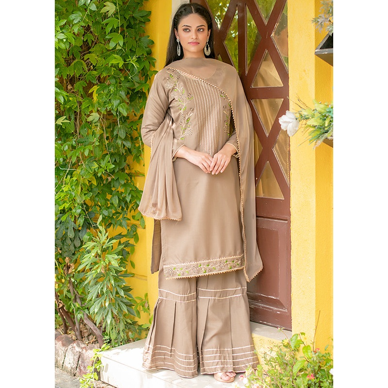 Cream 3 Pc Silk Sharara Suit Set With Dupatta - JD986589922
