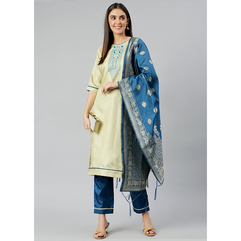 Cream 3 Pc Silk Suit Set With Dupatta - JD986589924